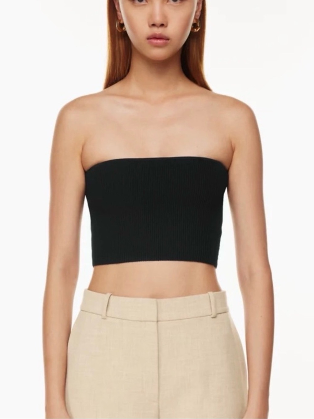 Babaton Black Ribbed Strapless Crop Top